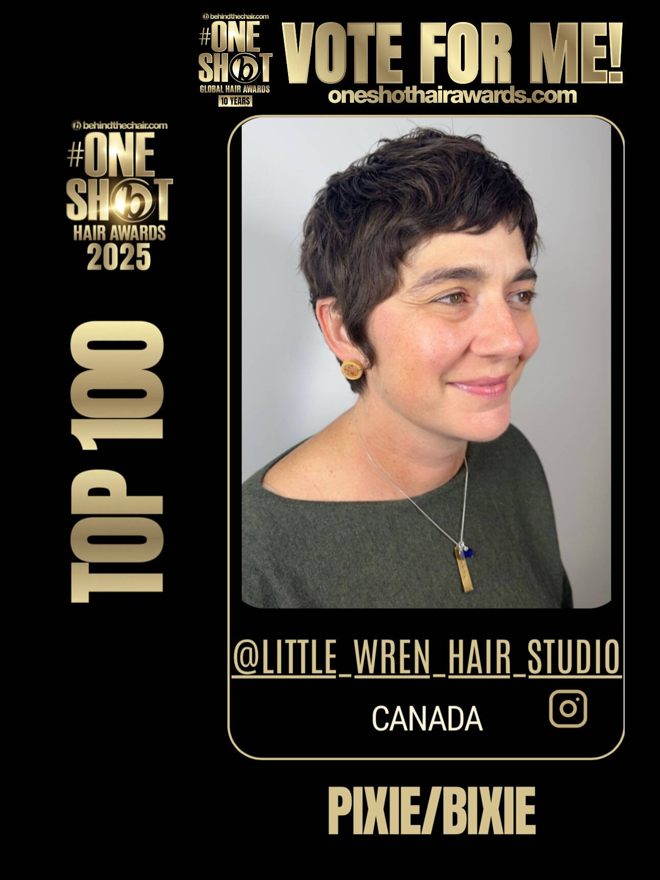 A large award banner celebrating the studio winning a "Top 100 Prize" in the "#OneShot Hair Awards 2025", showing the winning haircut which is a brunette pixie cut variant. The award website is listed as oneshothairawards.com